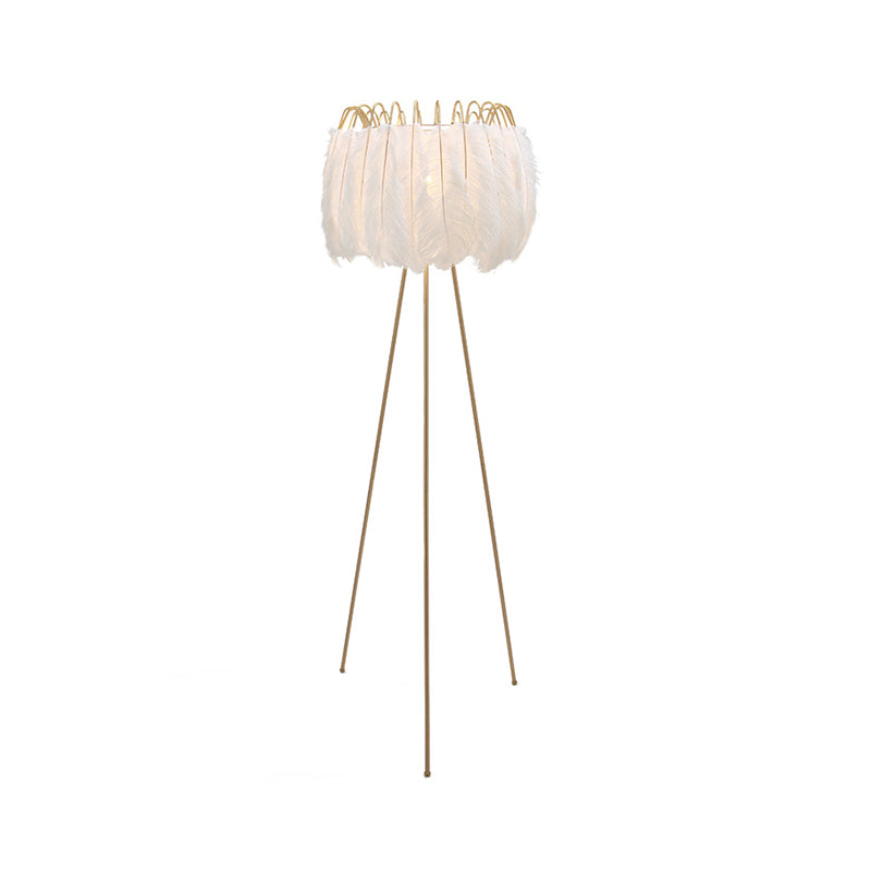 Drum Floor Standing Light Post-Modern Goose Feather 1-Head Bedside Tripod Floor Lamp in Brass and White Clearhalo 'Floor Lamps' 'Lamps' Lighting' 1986105