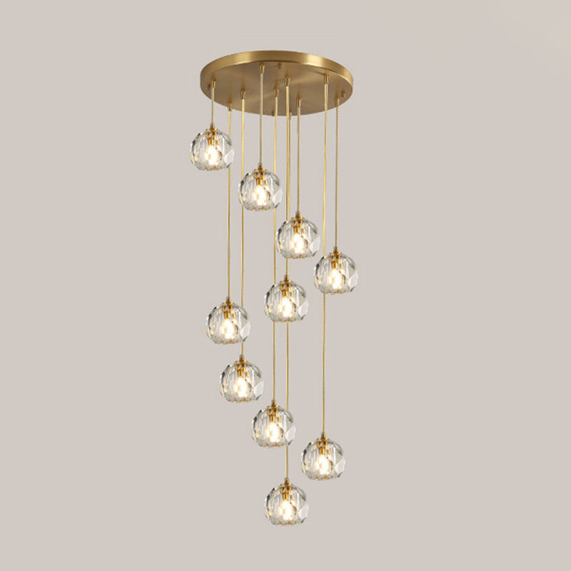 Faceted K9 Crystal Cluster Ball Pendant Stylish Modern 3/6/10-Bulb Brass Ceiling Hang Light for Living Room Clearhalo 'Ceiling Lights' 'Modern Pendants' 'Modern' 'Pendant Lights' 'Pendants' Lighting' 1986389