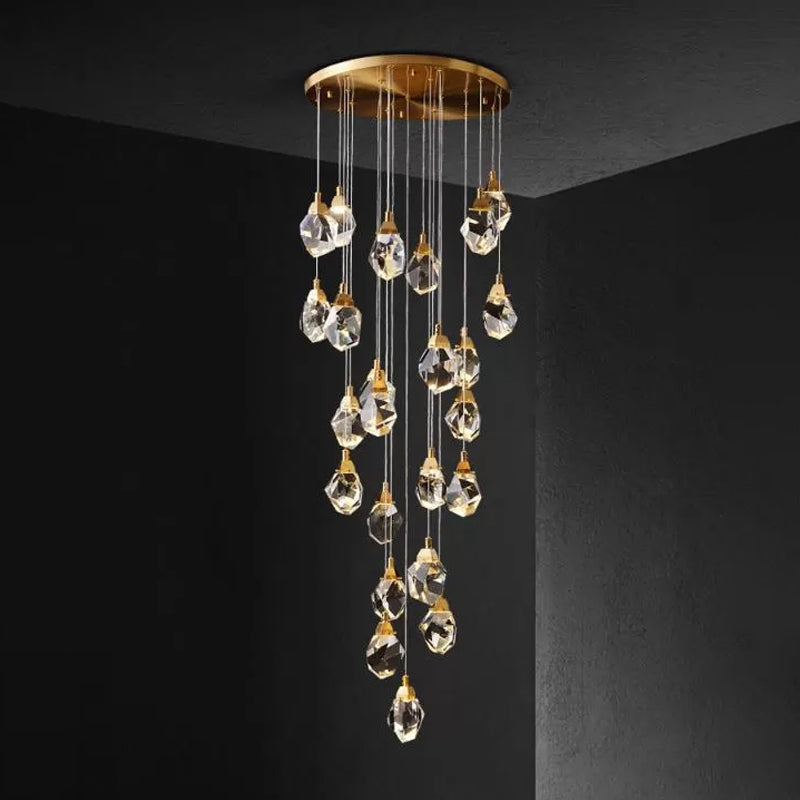 Raindrop Multiple Hanging Lamp Modern Crystal 3/5/24-Light Dining Room Pendant Light in Brass Clearhalo 'Ceiling Lights' 'Modern Pendants' 'Modern' 'Pendant Lights' 'Pendants' Lighting' 1986401