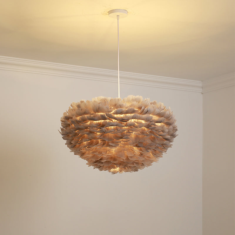 Dome Bedroom Chandelier Pendant Feather 19.5"/23.5" Wide 5 Bulbs Simple Hanging Light in Grey/White/Pink Clearhalo 'Ceiling Lights' 'Chandeliers' 'Modern Chandeliers' 'Modern' Lighting' 1986778