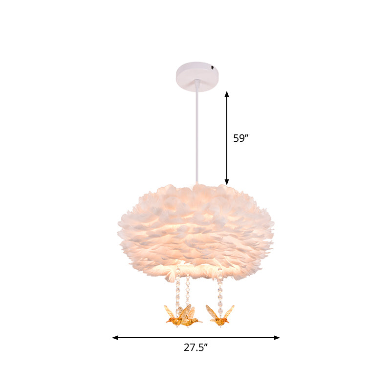 Goose Feather Drum Pendant Light Nordic 5-Light White Chandelier with Bird Deco, 16"/23.5"/31.5" Width Clearhalo 'Ceiling Lights' 'Chandeliers' 'Modern Chandeliers' 'Modern' Lighting' 1986787