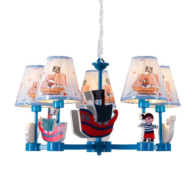 Kid Bedroom Ship Pendant Light Fixture Fabric 5 Lights Cartoon Blue Hanging Chandelier Clearhalo 'Ceiling Lights' 'Chandeliers' Lighting' options 198874