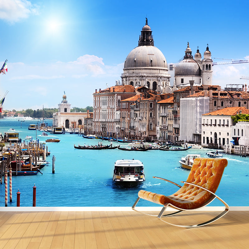 Mediterranean Water City Wall Mural Soft Color Stain-Proof Wall Art for Family Room Light Blue Clearhalo 'Wall Decor' 'Wall Mural' 2009063