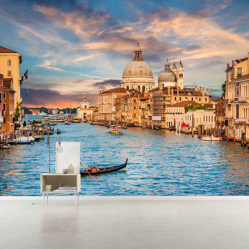 Grand Canal with Boats Mural Decal Pastel Modern Style Wall Decor for Living Room Brown Clearhalo 'Wall Decor' 'Wall Mural' 2009113