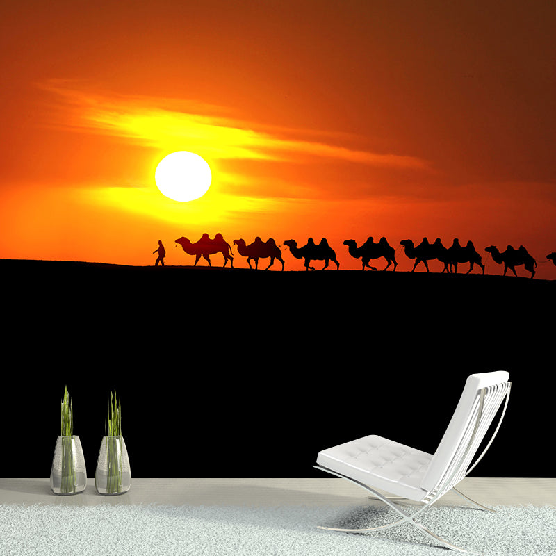 Dark Color Modern Mural Whole Desert Landscape with Camel at Sunset Wall Decor for Home Orange Clearhalo 'Wall Decor' 'Wall Mural' 2009453