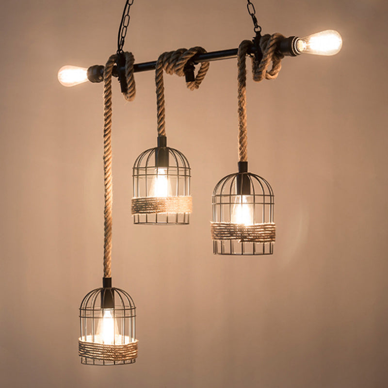Black 5 Bulbs Island Lighting Factory Metal Birdcage Hanging Pendant Light with Jute Rope Cord Clearhalo 'Ceiling Lights' 'Island Lights' Lighting' 2010561