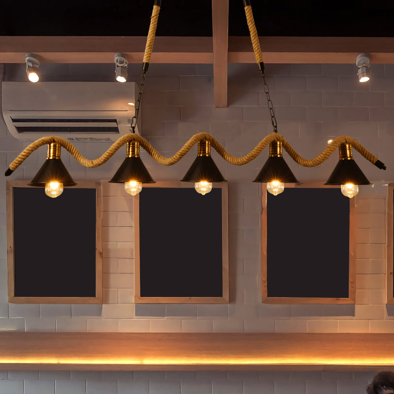 Metallic Island Pendant Lamp Industrial Black Geometry Dining Room Hanging Light Fixture with Jute Rope Cord 5 Black A Clearhalo 'Ceiling Lights' 'Island Lights' Lighting' 2010570