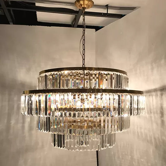 Prismatic Crystal Tiered Chandelier Modern Style 15-Bulb Dining Room Ceiling Hang Light in Gold Clearhalo 'Ceiling Lights' 'Chandeliers' 'Modern Chandeliers' 'Modern' Lighting' 2010766