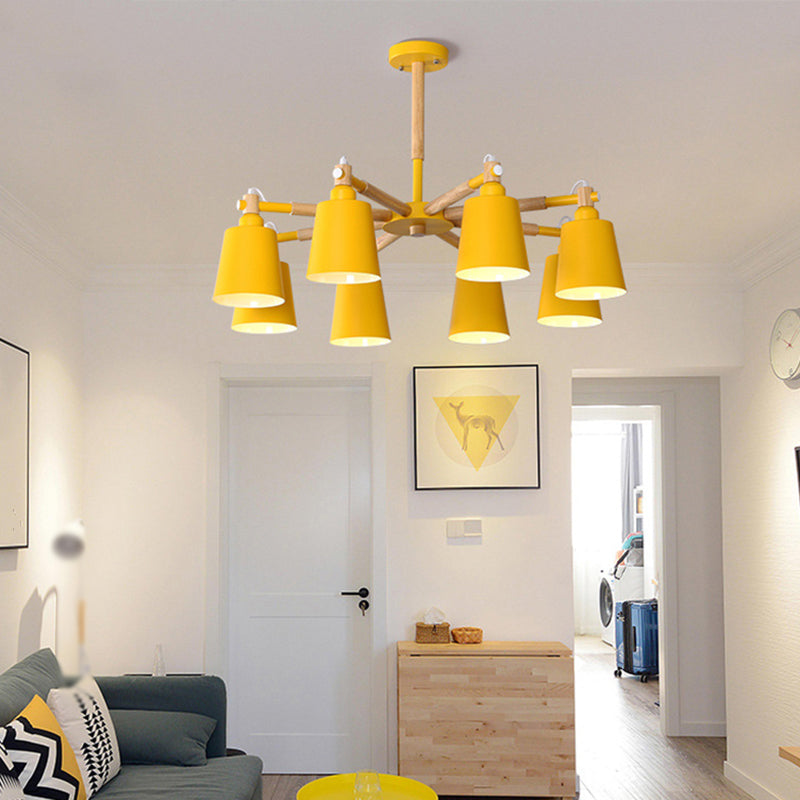 Starburst Chandelier Lamp Nordic Wood 8 Lights Ceiling Pendant with Conic Metal Shade Clearhalo 'Ceiling Lights' 'Chandeliers' 'Modern Chandeliers' 'Modern' Lighting' 2011016