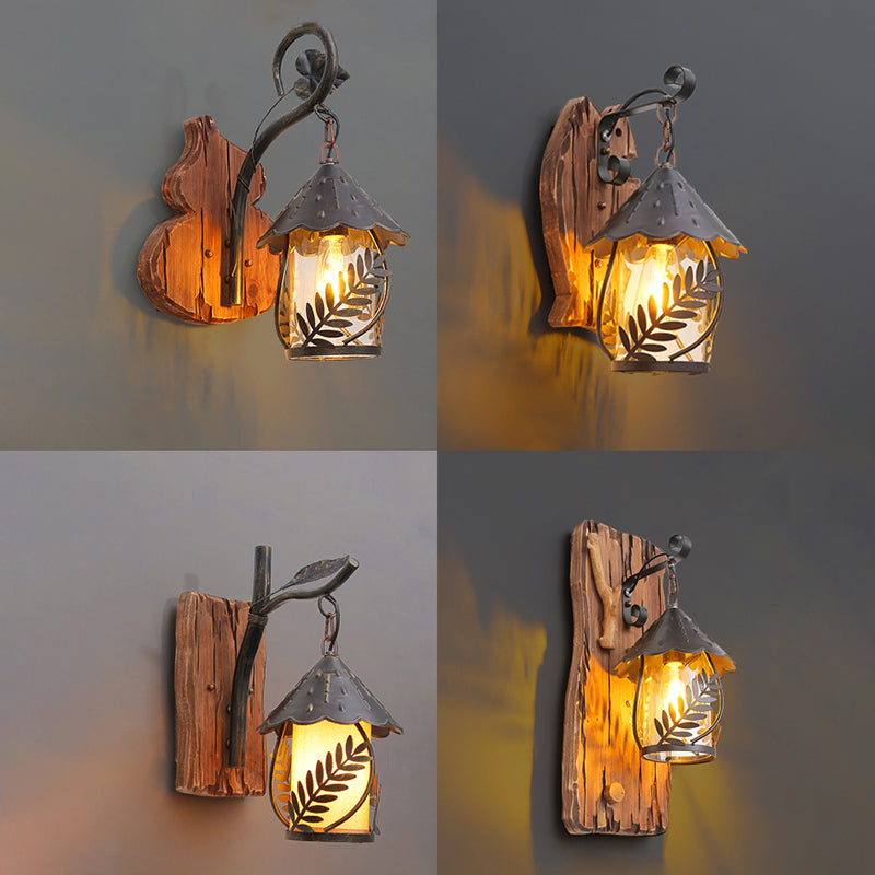 House Clear Glass Wall Mounted Light Farmhouse 1 Light Corridor Leaf Wall Lighting Ideas in Brown with Wood Backplate Clearhalo 'Art deco wall lights' 'Cast Iron' 'Glass' 'Industrial wall lights' 'Industrial' 'Middle century wall lights' 'Modern' 'Rustic wall lights' 'Tiffany' 'Traditional wall lights' 'Wall Lamps & Sconces' 'Wall Lights' Lighting' 2011485