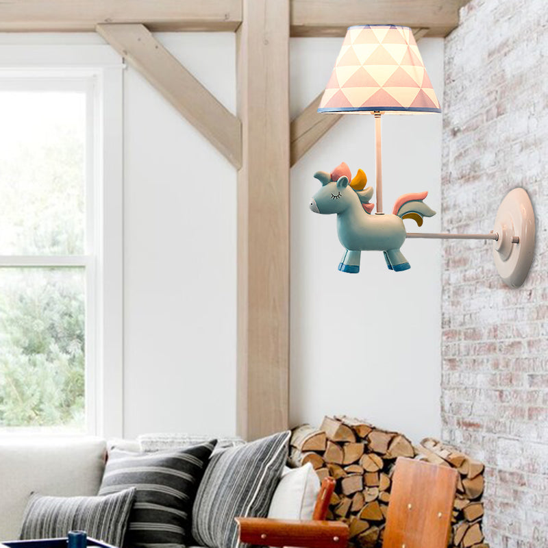 Candy Colored Unicorn Wall Light with Fabric Shade 1 Light Nordic Resin Sconce Light for Bedroom Blue Clearhalo 'Wall Lamps & Sconces' 'Wall Lights' Lighting' 201463