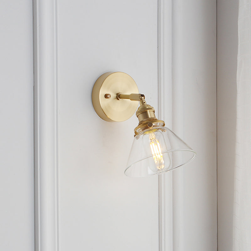 Conical Glass Wall Mounted Lamp Warehouse 1 Head Corridor Wall Lighting Fixture Gold Clearhalo 'Art deco wall lights' 'Cast Iron' 'Glass' 'Industrial wall lights' 'Industrial' 'Middle century wall lights' 'Modern' 'Rustic wall lights' 'Tiffany' 'Traditional wall lights' 'Wall Lamps & Sconces' 'Wall Lights' Lighting' 2017511