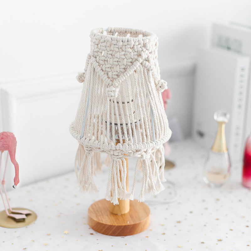 Yellow Cone Nightstand Lighting Rural Rope 1 Light Bedroom Night Lamp with Wood Base Clearhalo 'Lamps' 'Table Lamps' Lighting' 2017762