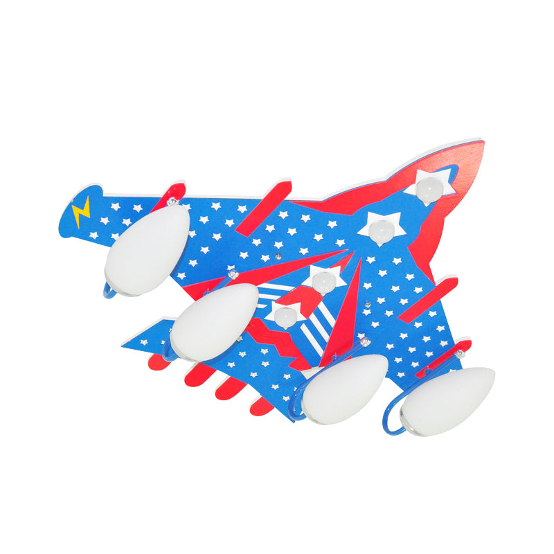 Blue Attack Aircraft Flush Mount Light American Style Wood Ceiling Light for Child Bedroom Clearhalo 'Ceiling Lights' 'Close To Ceiling Lights' 'Close to ceiling' 'Glass shade' 'Glass' Lighting' 201817