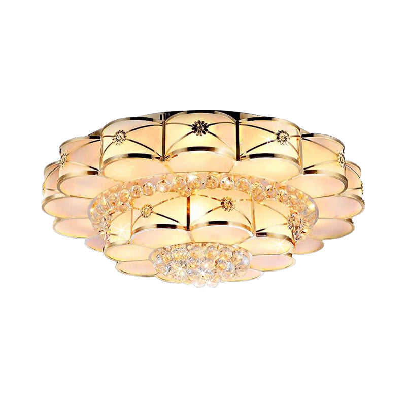 Blossom Frosted Glass Flush Light Fixture Traditional Bedroom Ceiling Lighting in Gold with Dangling Crystal Clearhalo 'Ceiling Lights' 'Close To Ceiling Lights' 'Close to ceiling' 'Flush mount' Lighting' 2018337