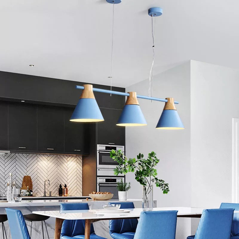 Metallic Cone Hanging Light Kit Modernism 3 Heads Island Lighting Fixture with Wood Top Blue Clearhalo 'Ceiling Lights' 'Island Lights' Lighting' 2024503