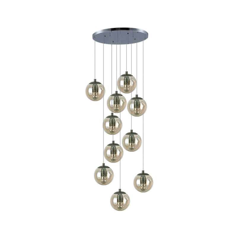 Simplicity Globe Cluster Pendant Cognac Glass 10-Light Stairs Hanging Ceiling Light Clearhalo 'Ceiling Lights' 'Glass shade' 'Glass' 'Modern Pendants' 'Modern' 'Pendant Lights' 'Pendants' Lighting' 2025458