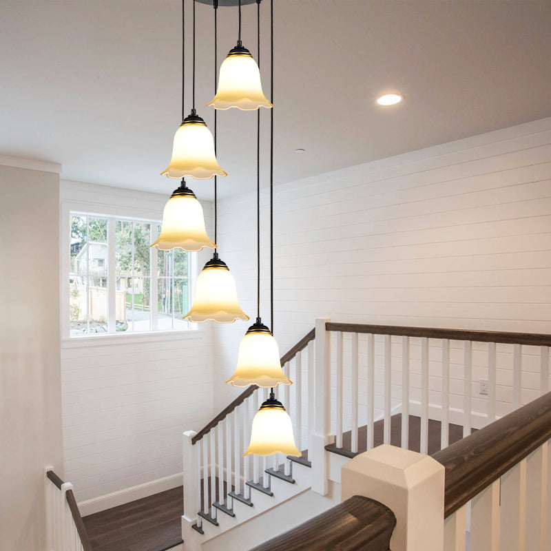 Flower Stairs Multi Pendant Light Frosted Glass Minimalist Suspension Lighting in Black with Round Canopy Clearhalo 'Ceiling Lights' 'Modern Pendants' 'Modern' 'Pendant Lights' 'Pendants' Lighting' 2025564