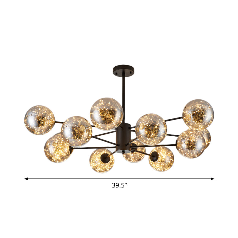 Global Pendant Chandelier Modernist Smoke Grey Glass LED Black Suspension Light with Inner Glowing String Clearhalo 'Ceiling Lights' 'Chandeliers' 'Modern Chandeliers' 'Modern' Lighting' 2025858