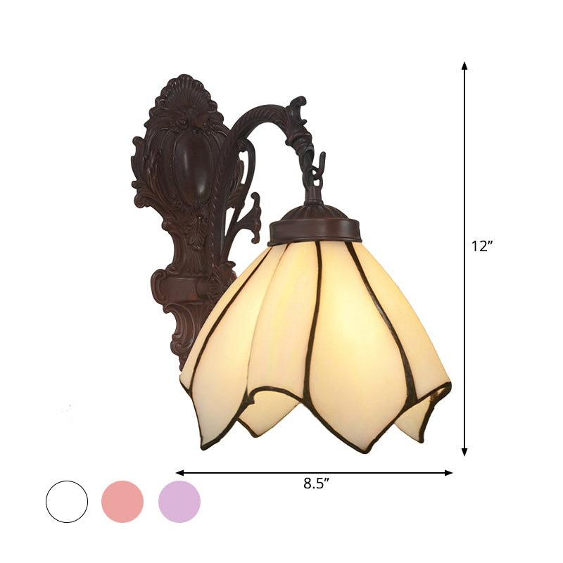 Hand Cut Glass Floral Wall Lighting Mediterranean 1 Bulb Black Wall Mounted Lamp with Curved Arm Clearhalo 'Art deco wall lights' 'Cast Iron' 'Glass' 'Industrial' 'Middle century wall lights' 'Modern' 'Tiffany wall lights' 'Tiffany' 'Traditional wall lights' 'Wall Lamps & Sconces' 'Wall Lights' Lighting' 2029121