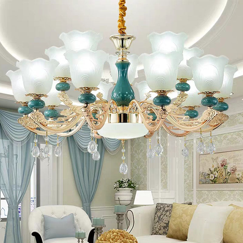 Blooming Ceiling Chandelier Modernist Frosted Glass Living Room Pendant Light Kit in Green 15 Green Clearhalo 'Ceiling Lights' 'Chandeliers' 'Modern Chandeliers' 'Modern' Lighting' 2029926