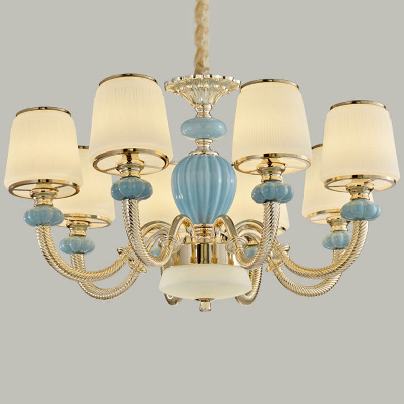Barrel Living Room Chandelier Frosted Glass Simple Ceramics Suspension Pendant in Blue Clearhalo 'Ceiling Lights' 'Chandeliers' 'Modern Chandeliers' 'Modern' Lighting' 2029964