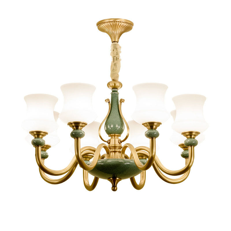 Tapered Living Room Pendant Lamp Frosted Glass Minimalistic Chandelier Lighting Fixture in Green Clearhalo 'Ceiling Lights' 'Chandeliers' 'Modern Chandeliers' 'Modern' Lighting' 2029978