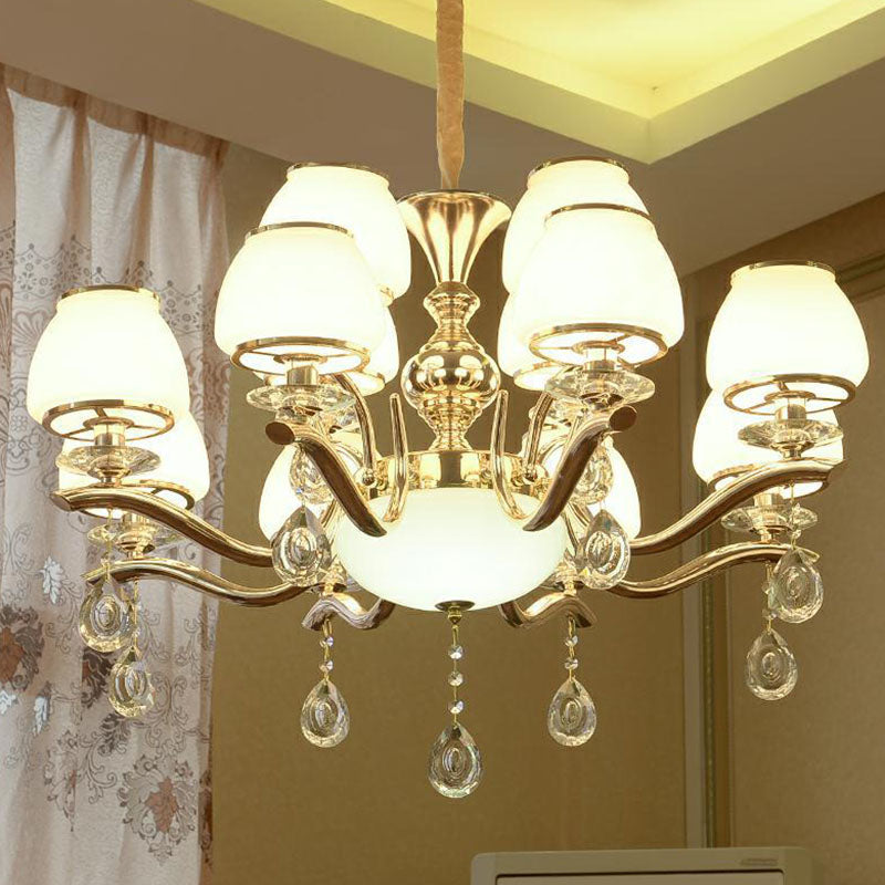 Gold Urn Shade Pendant Lighting Modernist White Glass Hanging Chandelier with Crystal Droplet Clearhalo 'Ceiling Lights' 'Chandeliers' 'Modern Chandeliers' 'Modern' Lighting' 2030008