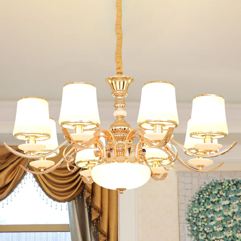 Opal Glass Barrel Chandelier Modernist Gold Pendant Lighting Fixture with Curving Arm Clearhalo 'Ceiling Lights' 'Chandeliers' 'Glass shade' 'Glass' 'Modern Chandeliers' 'Modern' Lighting' 2030355