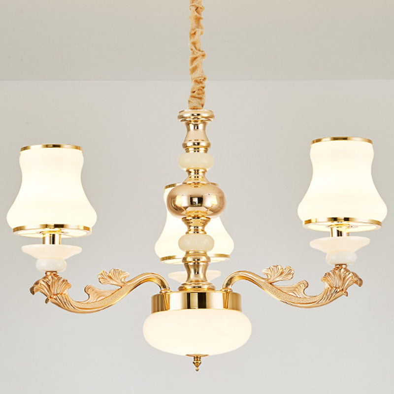 Curved Arm Living Room Hanging Lamp Metal Modern Chandelier Light with Urn Opal Glass Shade Clearhalo 'Ceiling Lights' 'Chandeliers' 'Modern Chandeliers' 'Modern' Lighting' 2030431