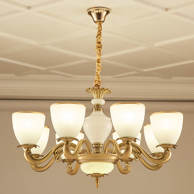 Milky Glass Bowl Up Chandelier Simplicity Pendant Light Fixture in Gold for Living Room Clearhalo 'Ceiling Lights' 'Chandeliers' 'Glass shade' 'Glass' 'Modern Chandeliers' 'Modern' Lighting' 2030510