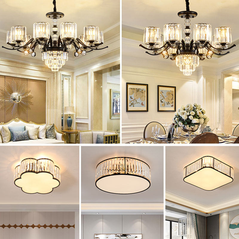 Cylinder Pendant Chandelier Modernist Clear Crystal Dining Room Hanging Ceiling Light in Black Clearhalo 'Ceiling Lights' 'Chandeliers' 'Modern Chandeliers' 'Modern' Lighting' 2030751