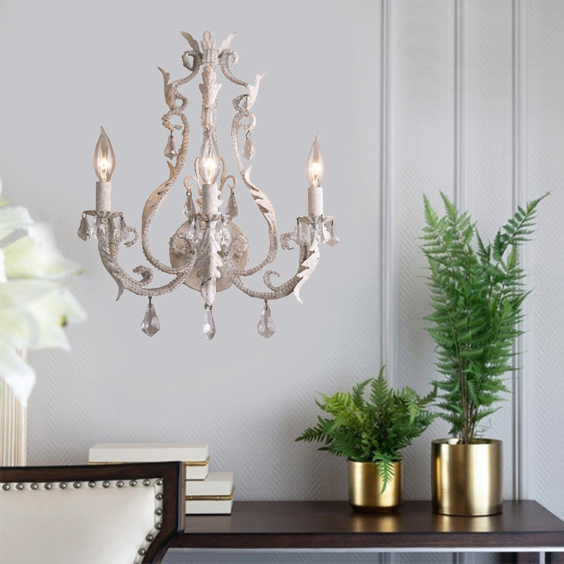 Rustic Curved Arm Wall Mount Light 3 Lights Grey/White/Distressed White Metal Sconce Light with Crystal Accent Distressed White Clearhalo 'Wall Lamps & Sconces' 'Wall Lights' Lighting' 203201