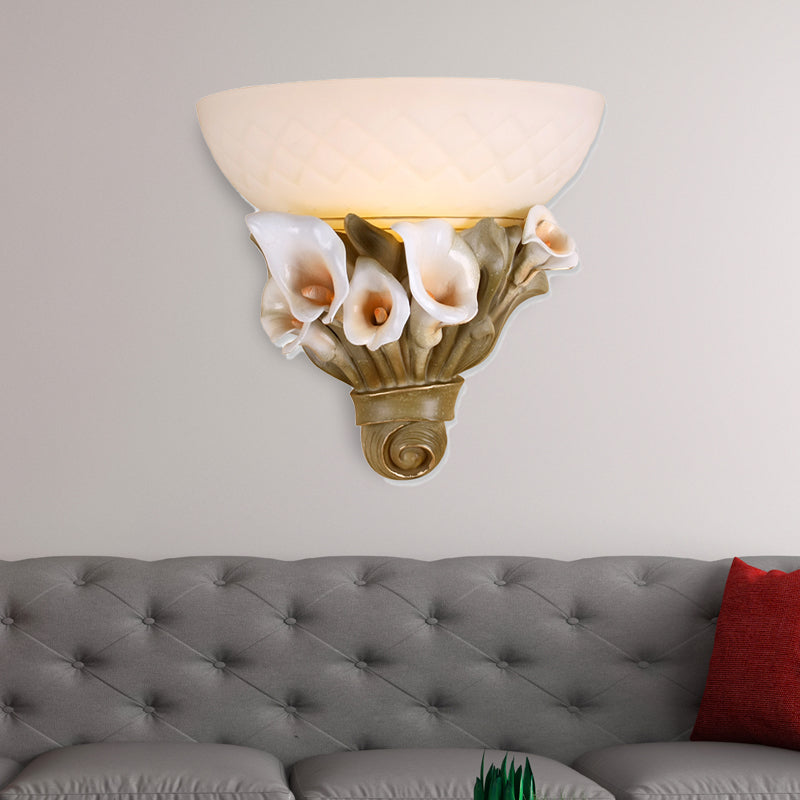 Bowl White Glass Wall Light Fixture Vintage 1 Light Bedside Sconce Light with Yellow/White Flower Design Yellow Clearhalo 'Wall Lamps & Sconces' 'Wall Lights' Lighting' 203277