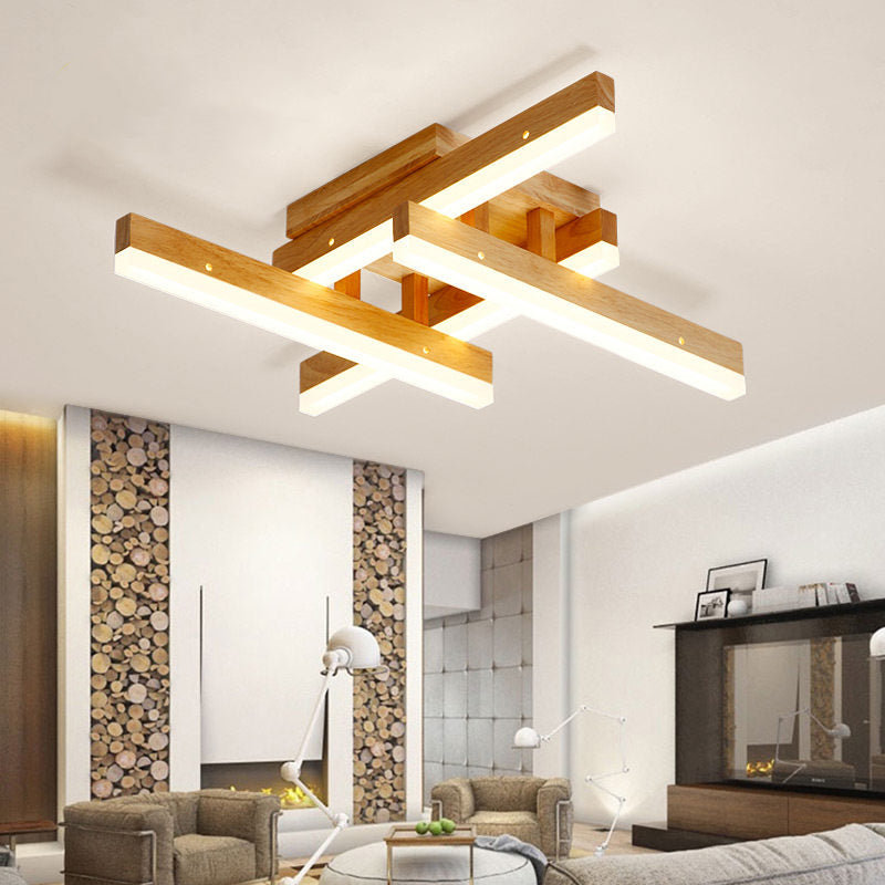 Rectangular Living Room Semi Flush Light Wooden Contemporary LED