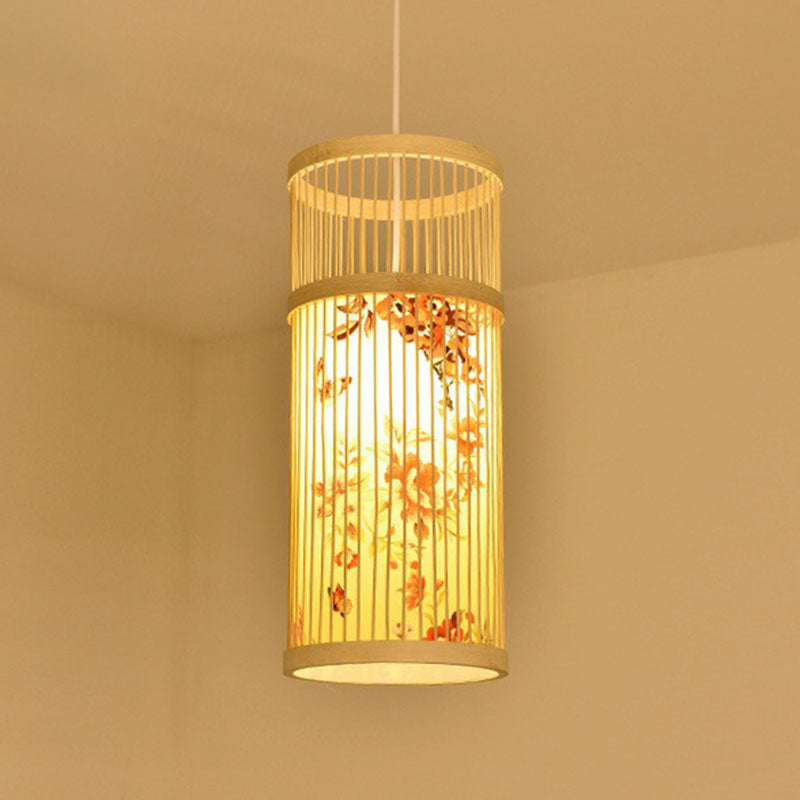Cage Lantern Pendant Light Fixture Asia Bamboo 1-Light Bistro