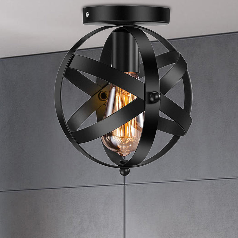 Single Bulb Semi Flush Mount Industrial Strap Globe Metal Ceiling Light in Black Clearhalo 'Ceiling Lights' 'Close To Ceiling Lights' 'Close to ceiling' 'Flush mount' 'Industrial Flush Mount' Lighting' 205453