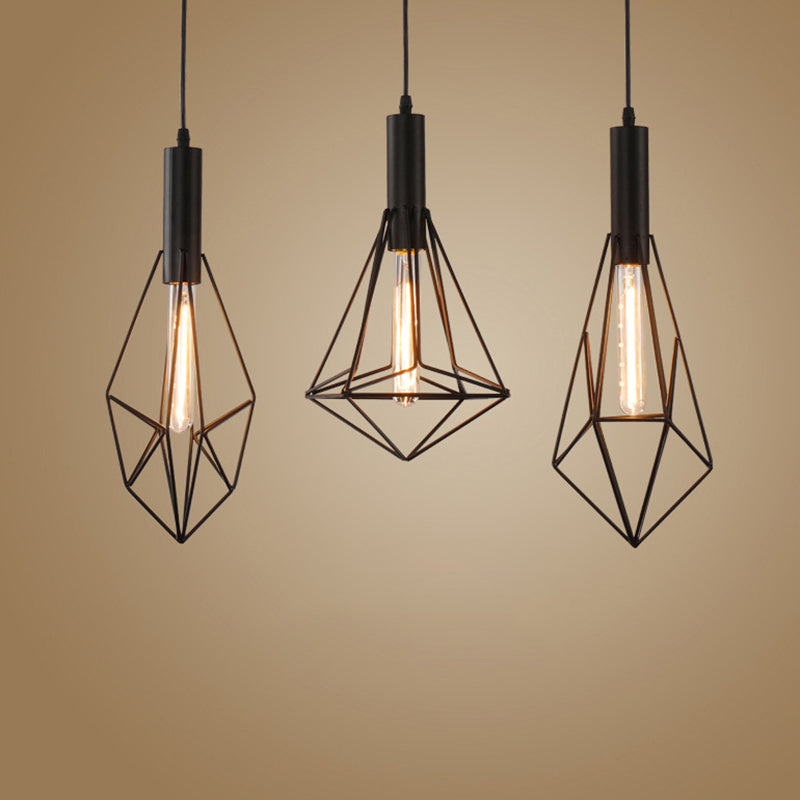 Iron Diamond Shaped Pendant Light Antique 1-Light Dining Room Hanging Light Fixture in Black Clearhalo 'Art Deco Pendants' 'Black' 'Cast Iron' 'Ceiling Lights' 'Ceramic' 'Crystal' 'Industrial Pendants' 'Industrial' 'Metal' 'Middle Century Pendants' 'Pendant Lights' 'Pendants' 'Rustic Pendants' 'Tiffany' Lighting' 2057435