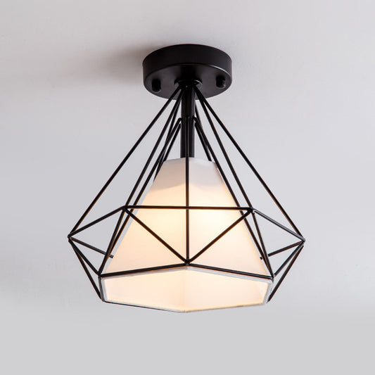 Single Flush Ceiling Light Vintage Diamond Shaped Metal Flush Mount Lighting Fixture with Cone Fabric Shade Clearhalo 'Ceiling Lights' 'Close To Ceiling Lights' 'Close to ceiling' 'Flush mount' 'Industrial Flush Mount' Lighting' 2057558