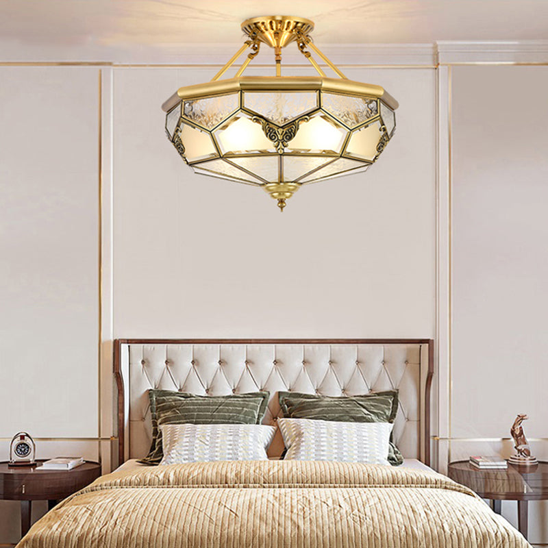 Bowl Shaped Frost Glass Flush Mount Lighting Classic Bedroom Semi Flush Chandelier in Gold Clearhalo 'Ceiling Lights' 'Close To Ceiling Lights' 'Close to ceiling' 'Semi-flushmount' Lighting' 2058072