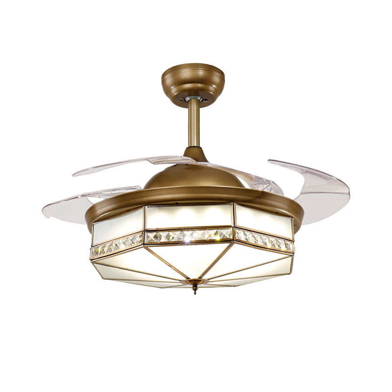 4 Blades Classic Geometric Shaped Ceiling Fan Light Frost Glass 42" Wide LED Semi Mount Lighting in Brass Clearhalo 'Ceiling Fans with Lights' 'Ceiling Fans' Lighting' 2058182