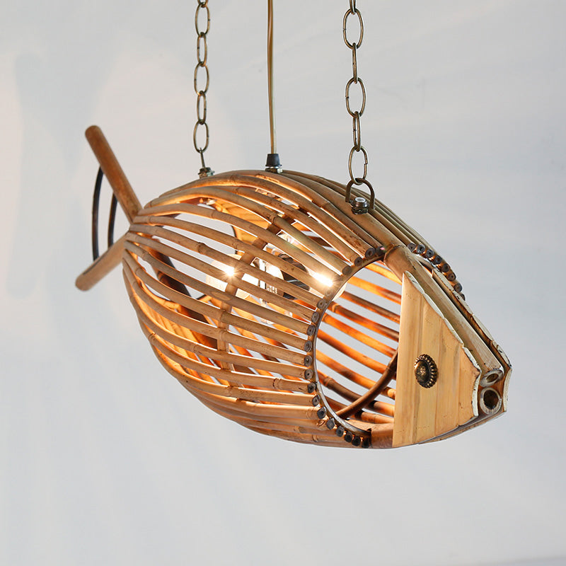 Bamboo Fish Cage Hanging Pendant Asian Style 2-Head Beige Ceiling