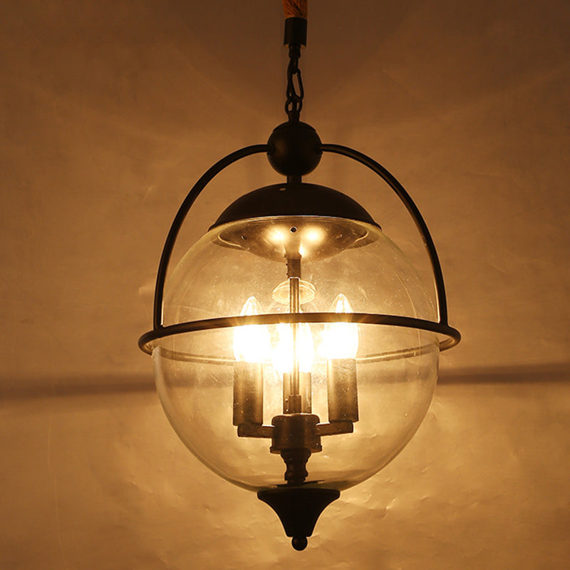 Globe Clear Glass Chandelier Light Traditional 3 Light Living Room Pendant Lighting in Black Clearhalo 'Ceiling Lights' 'Chandeliers' Lighting' options 206332
