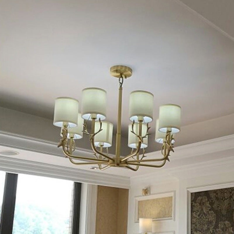 Modern Cylinder Shaped Suspension Light Fabric Living Room Chandelier Light Fixture with Antler Decor Clearhalo 'Ceiling Lights' 'Chandeliers' 'Modern Chandeliers' 'Modern' Lighting' 2063616