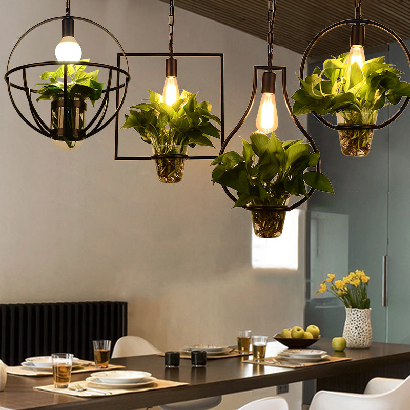 Iron Black Ceiling Light Geometric Shaped 1��Bulb Industrial Hanging Pendant Light with Clear Glass Pot Clearhalo 'Ceiling Lights' 'Industrial Pendants' 'Industrial' 'Middle Century Pendants' 'Pendant Lights' 'Tiffany' Lighting' 2063903