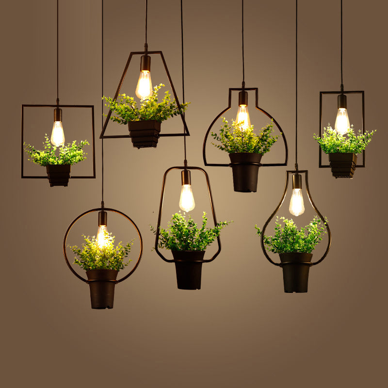 Vintage Geometric Hanging Lamp Single-Bulb Iron Lighting Pendant with Artificial Plant in Black Clearhalo 'Art Deco Pendants' 'Black' 'Cast Iron' 'Ceiling Lights' 'Ceramic' 'Crystal' 'Industrial Pendants' 'Industrial' 'Metal' 'Middle Century Pendants' 'Pendant Lights' 'Pendants' 'Rustic Pendants' 'Tiffany' Lighting' 2063914