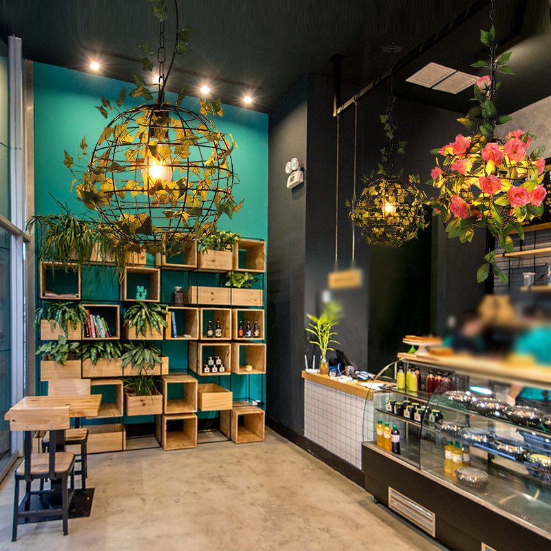 Industrial Globe Ceiling Light Single Iron Hanging Pendant Light with Artificial Plant Clearhalo 'Art Deco Pendants' 'Cast Iron' 'Ceiling Lights' 'Ceramic' 'Crystal' 'Industrial Pendants' 'Industrial' 'Metal' 'Middle Century Pendants' 'Pendant Lights' 'Pendants' 'Tiffany' Lighting' 2063973