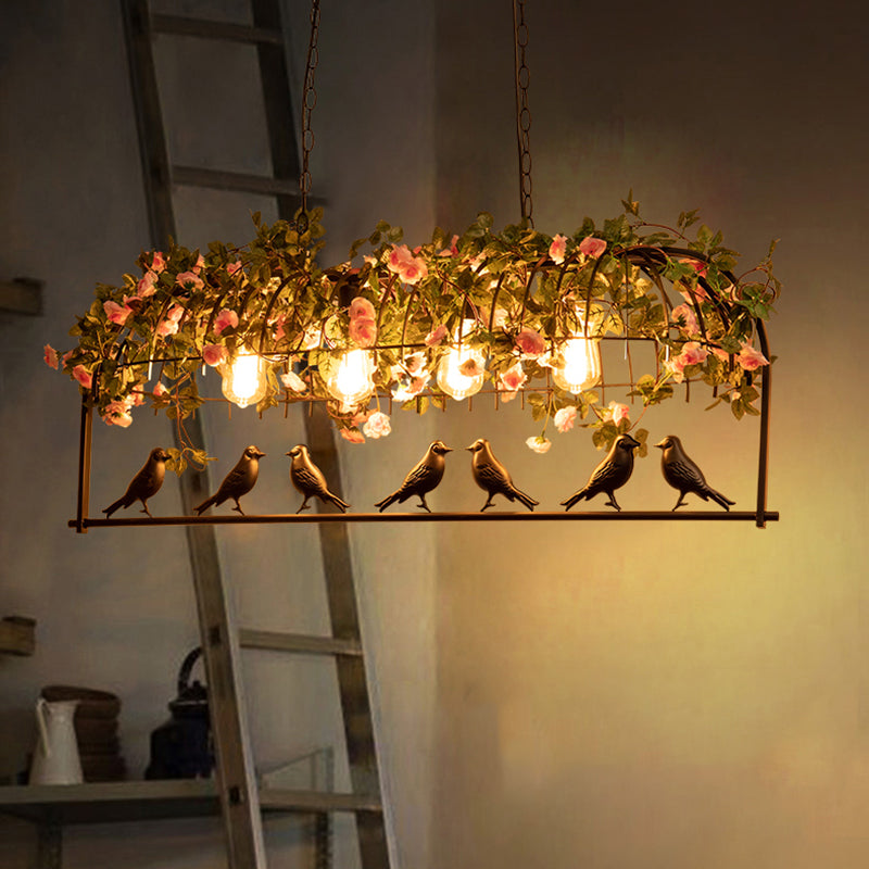 Bird Cage Iron Hanging Light Vintage Restaurant Island Pendant Light with Decorative Plant Clearhalo 'Ceiling Lights' 'Island Lights' Lighting' 2063989