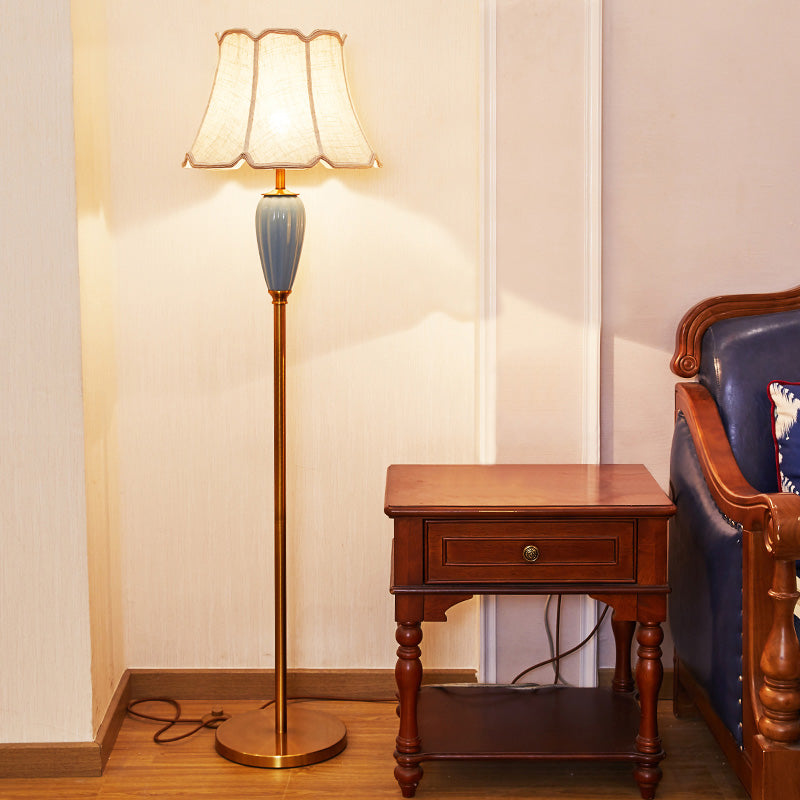 1 Head Stand Up Lamp Classic Tapered Shade Fabric Floor Lighting in Gold for Living Room Clearhalo 'Floor Lamps' 'Lamps' Lighting' 2064660