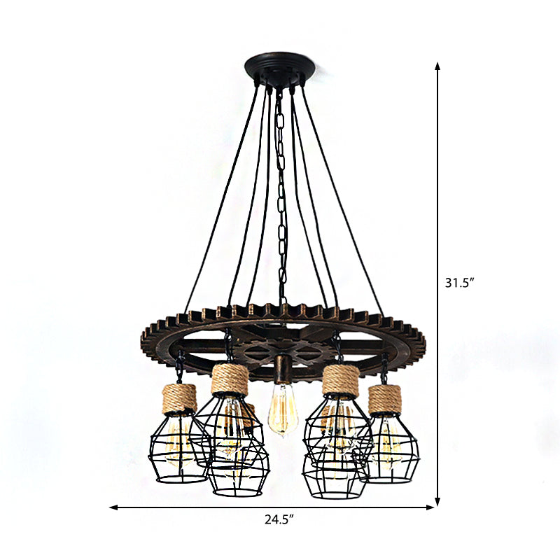 Black Wagon Wheel Chandelier Lamp Industrial Metal 5/7-Light Living Room Hanging Light Clearhalo 'Cast Iron' 'Ceiling Lights' 'Chandeliers' 'Industrial Chandeliers' 'Industrial' 'Metal' 'Middle Century Chandeliers' 'Rustic Chandeliers' 'Tiffany' Lighting' 207219